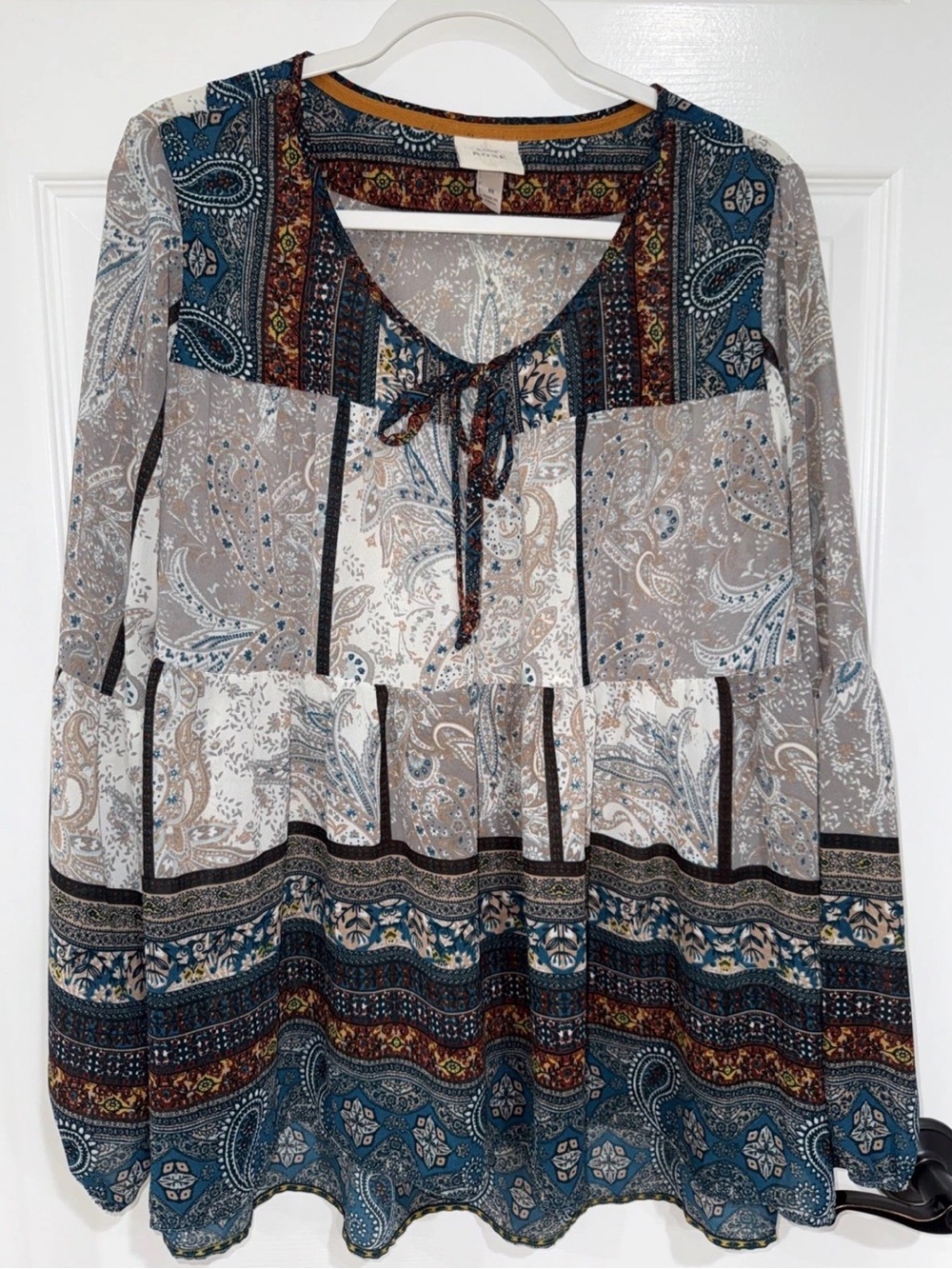 Knox Rose Women's M Long Sleeve Peasant Boho Blouse Brown Multi Paisley